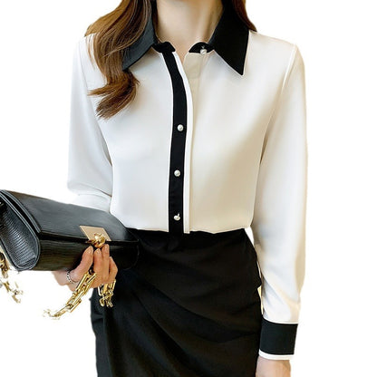 Simple Contrast Color Single Row Pearl Buckle Long Sleeve Shirt