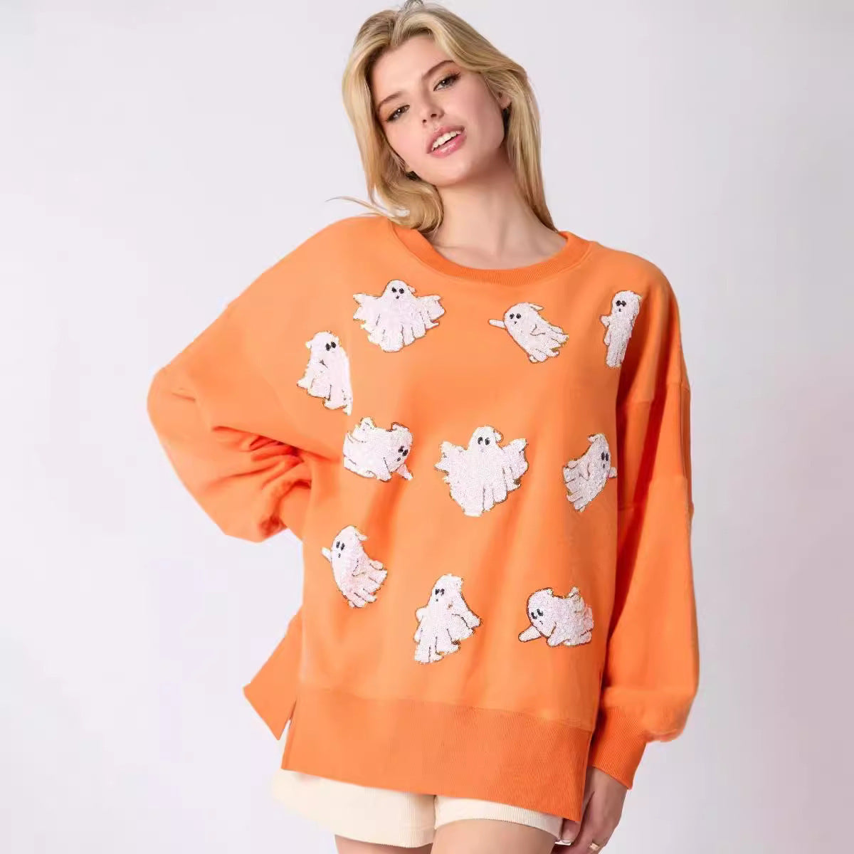 Sweat-shirt ample et décontracté à paillettes pour femme avec motif fantôme d'Halloween