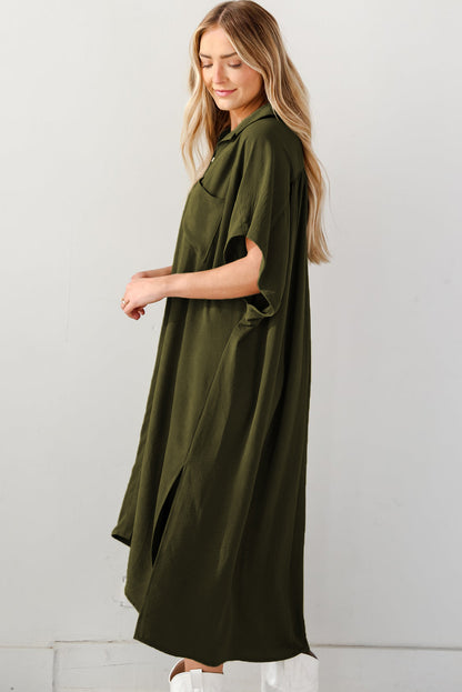 Robe chemise ample à manches courtes et fentes latérales vert jungle