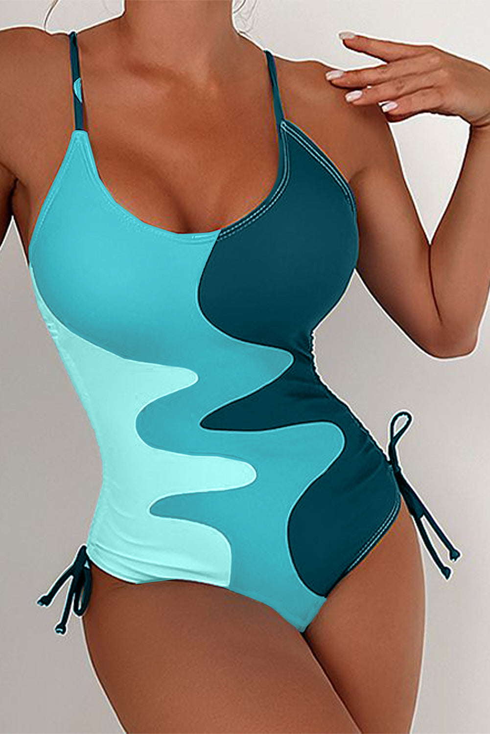 Khaki Color Block Drawstring Sides One Piece Swimsuit