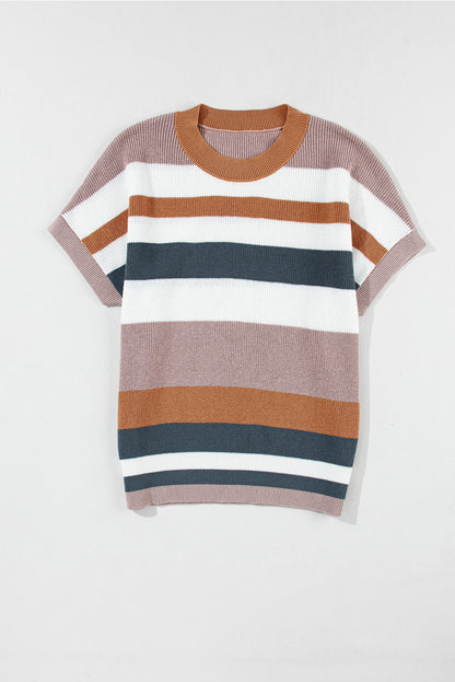 T-shirt à manches courtes en tricot color block rayé camel