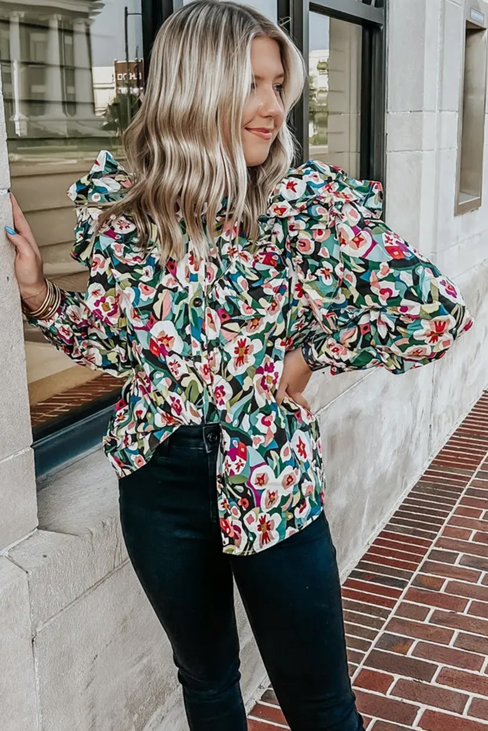 Abstract Print Boho Ruffle Button Up Blouse