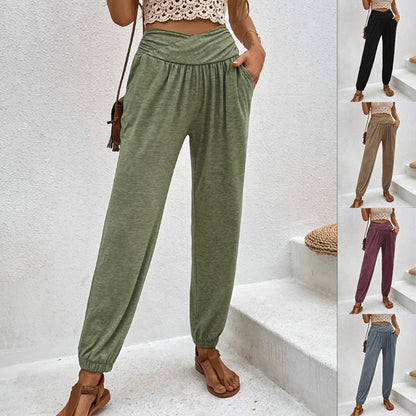 Pantalon décontracté à poches amples et taille haute avec lien à la cheville pour femme