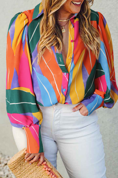 Multicolor Abstract Print Puff Sleeve Plus Size Shirt