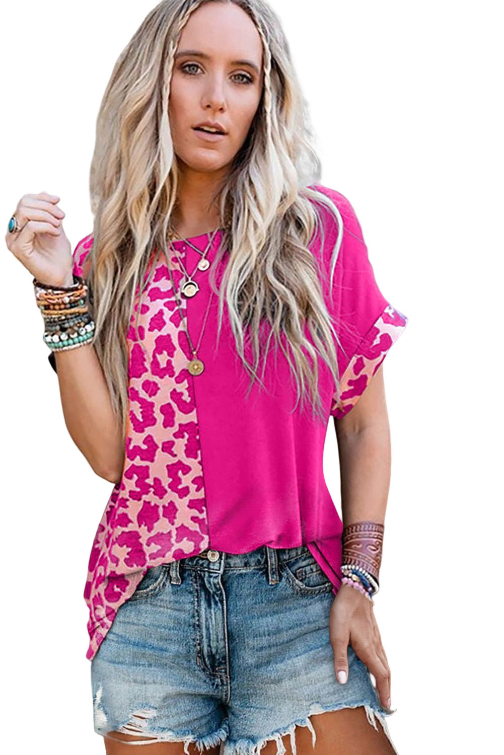 Rosy Leopard Print Top Color Block Rolled Up Sleeve Casual T Shirt