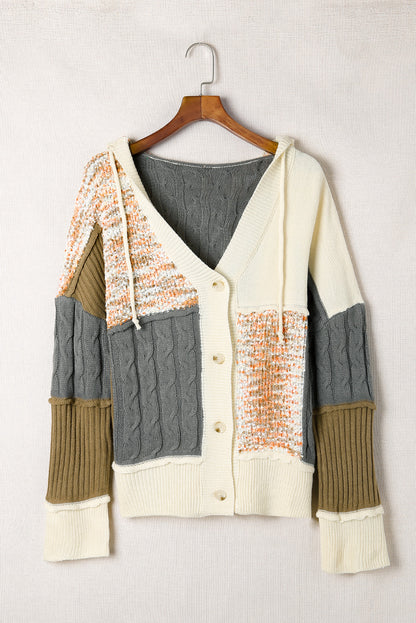 Beige Colorblock Patchwork Buttons Hooded Cardigan