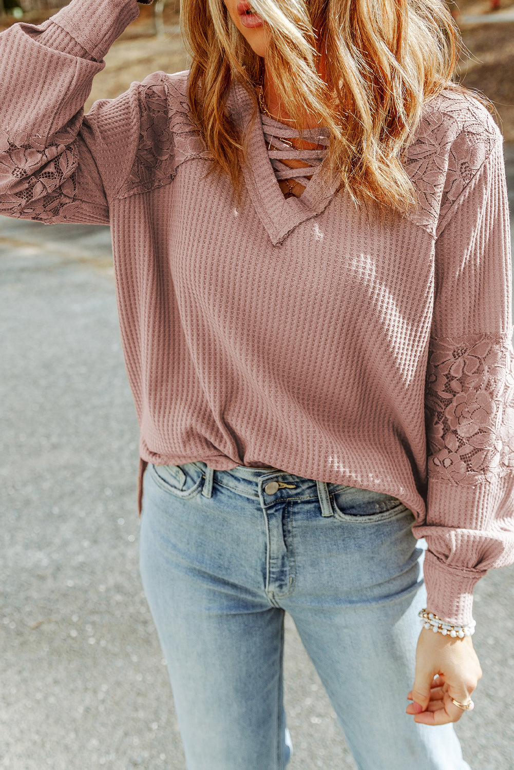 Apricot Lace Waffle Patchwork Strappy V Neck Long Sleeve Top