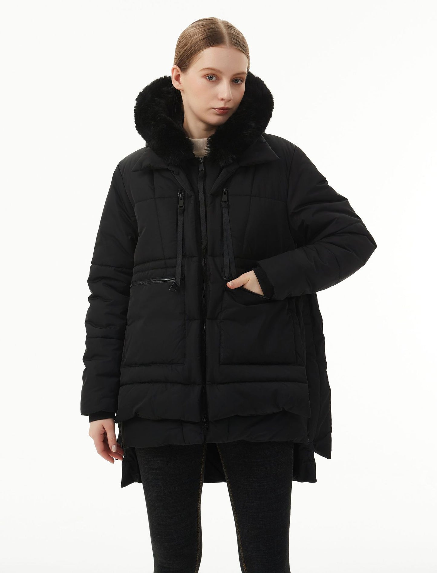 Manteau décontracté à capuche mi-long en coton rembourré pour femme