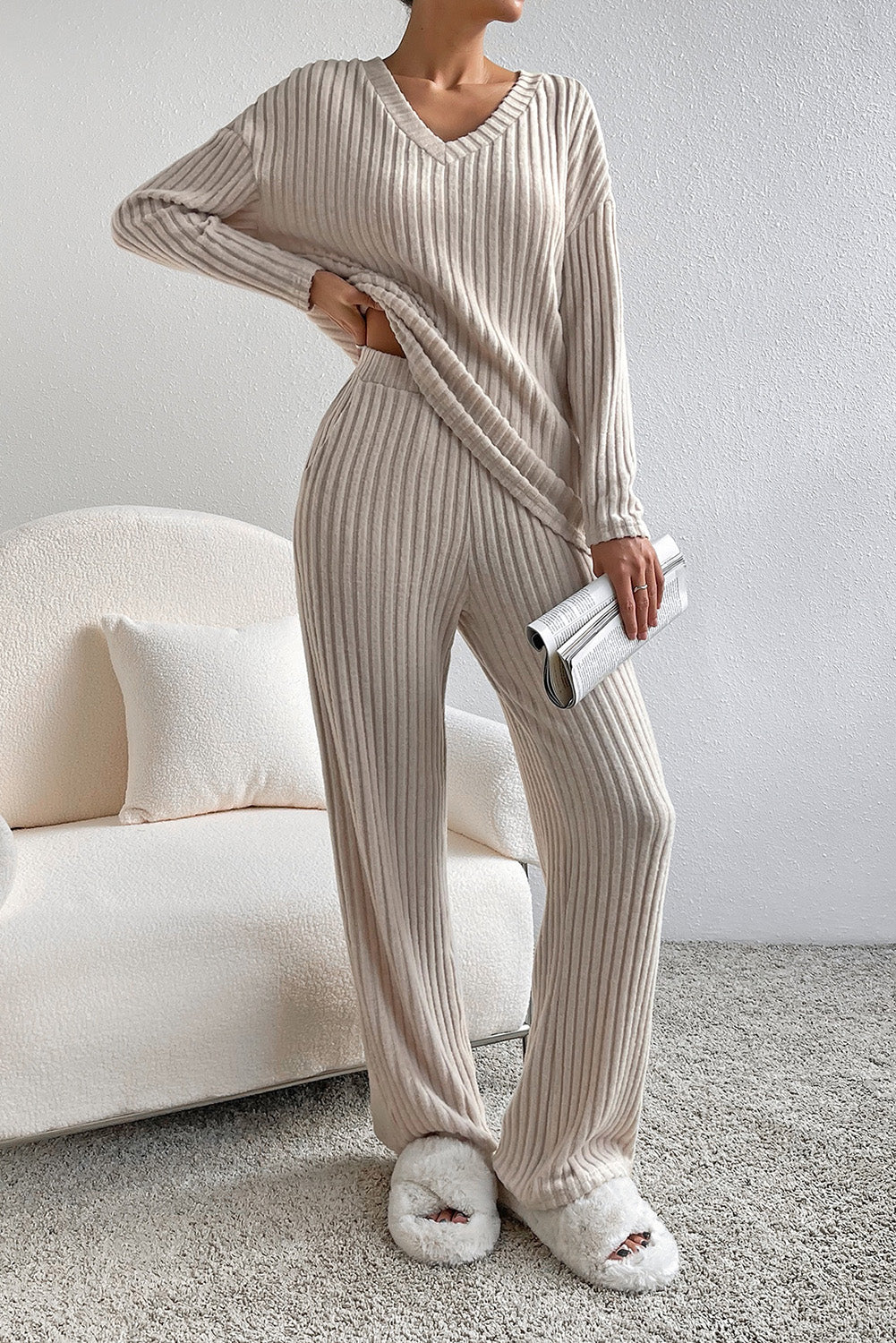 Ensemble haut et pantalon en tricot côtelé ample gris clair à col en V