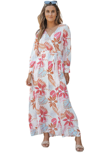 Robe longue fendue à manches longues et col en V imprimé plantes tropicales