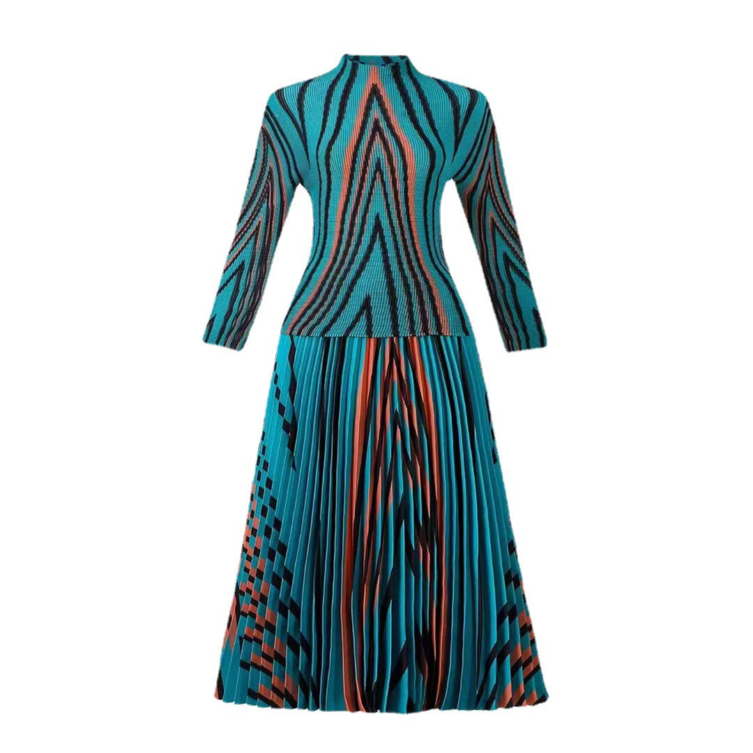 Autumn New Striped Printed Top Pleated Skirt Suit