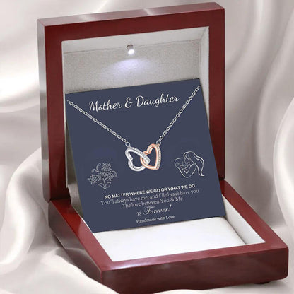 Collier bicolore pavé de diamants cœur à cœur à double maillons, coffret cadeau pour maman ou fille