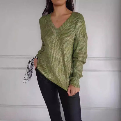 Women's Fashionable Knitted V-neck Bright Silk Pullover