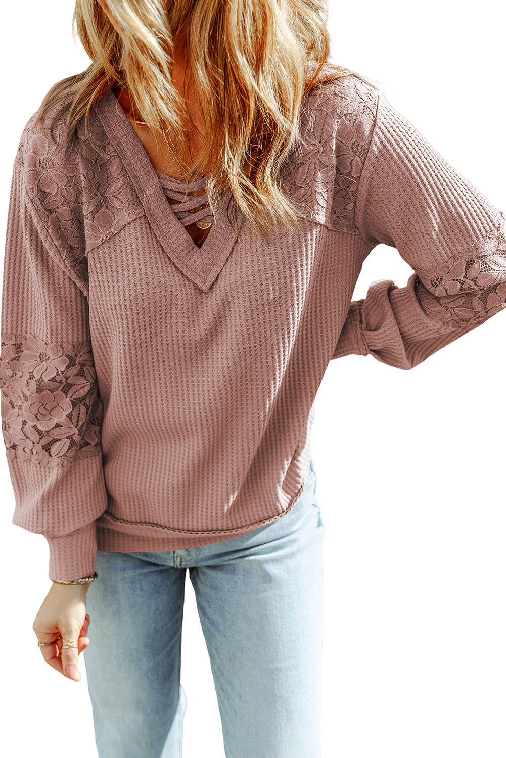 Apricot Lace Waffle Patchwork Strappy V Neck Long Sleeve Top