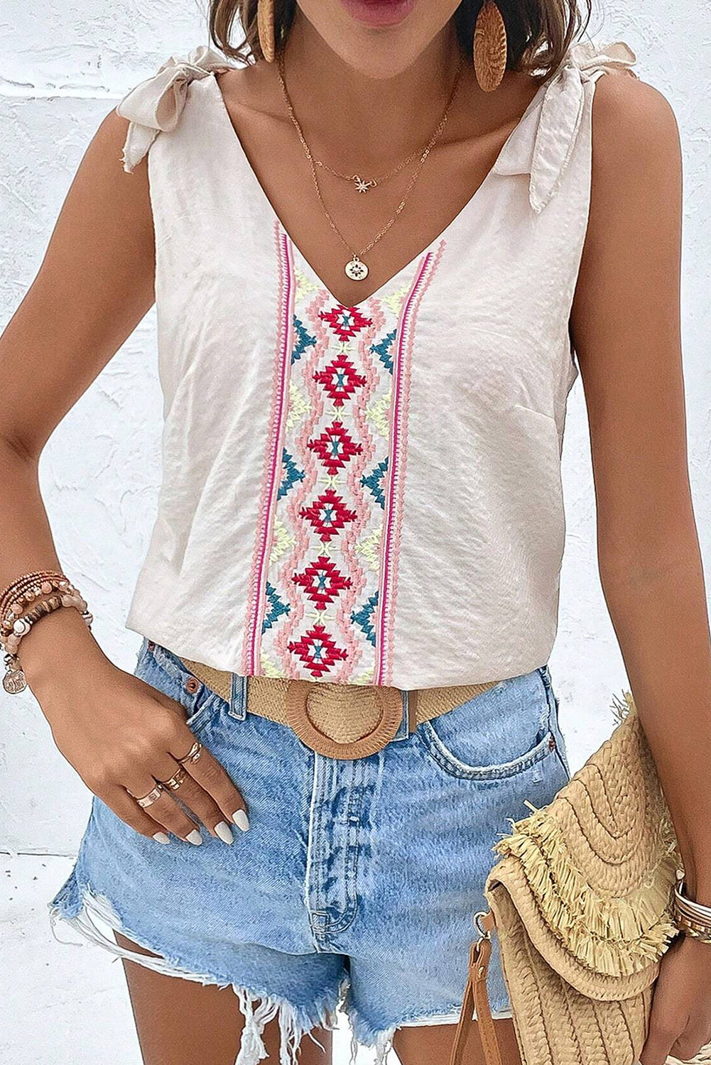 White Floral Embroidered V-Neck Knot Sleeveless Top