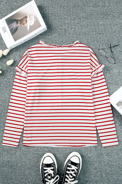 Black Striped Print Ruffled Buttoned Long Sleeve Top