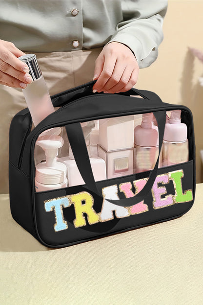 Trousse de maquillage en PVC transparent avec lettre chenille TRAVEL vert menthe