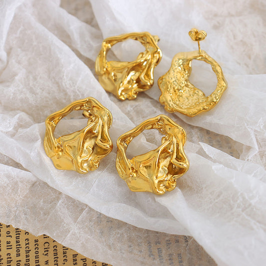 18K Gold Exaggerated Personality Irregular Embossed Design Versatile Earrings