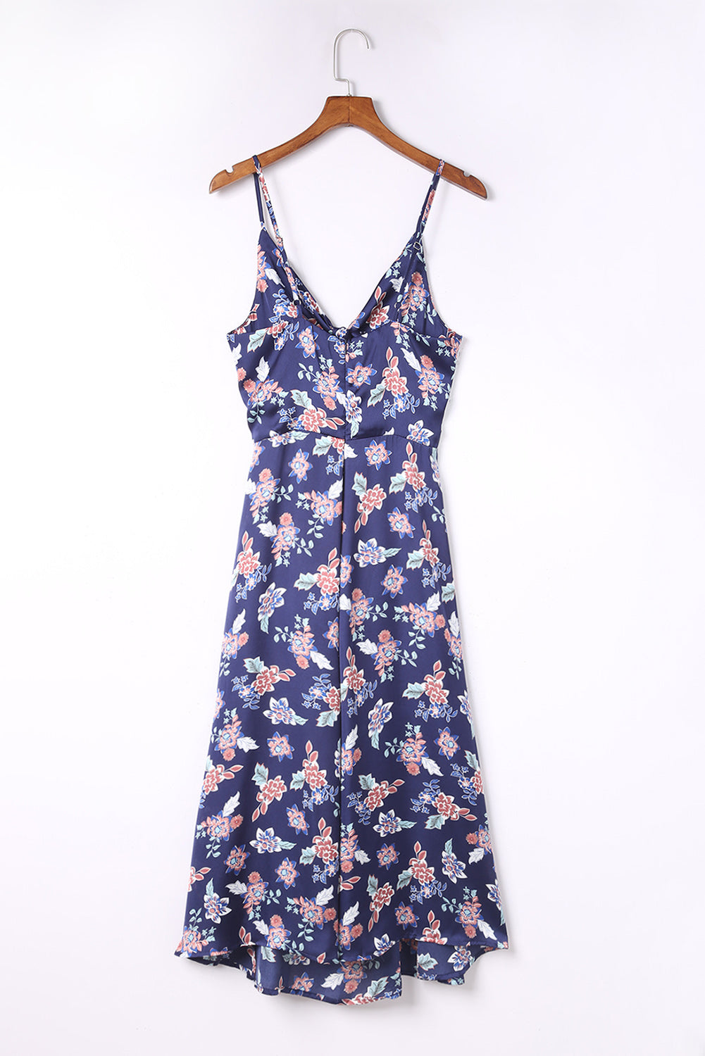 Blue Floral Print Bust Knot Long Dress with Slit