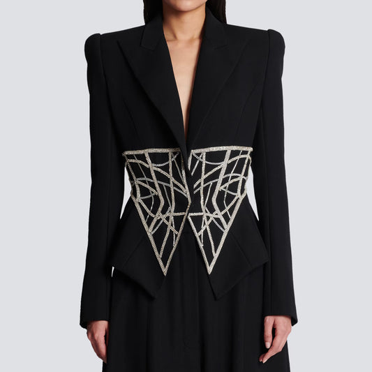 Veste de costume amincissante pour femme haut de gamme avec perles de l'industrie lourde et taille en diamant