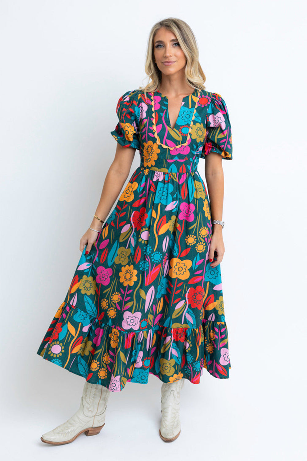 Robe longue à imprimé floral fendue à col en V et manches bouffantes vert