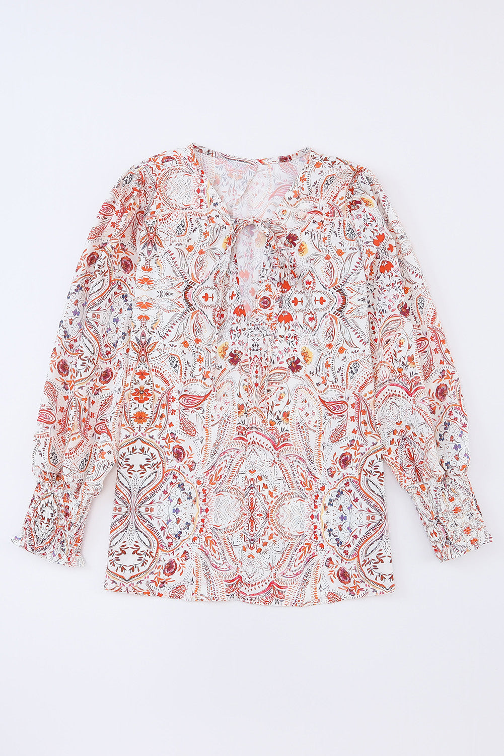 Rote Bluse mit gerafften Bündchen im Boho-Paisley-Print