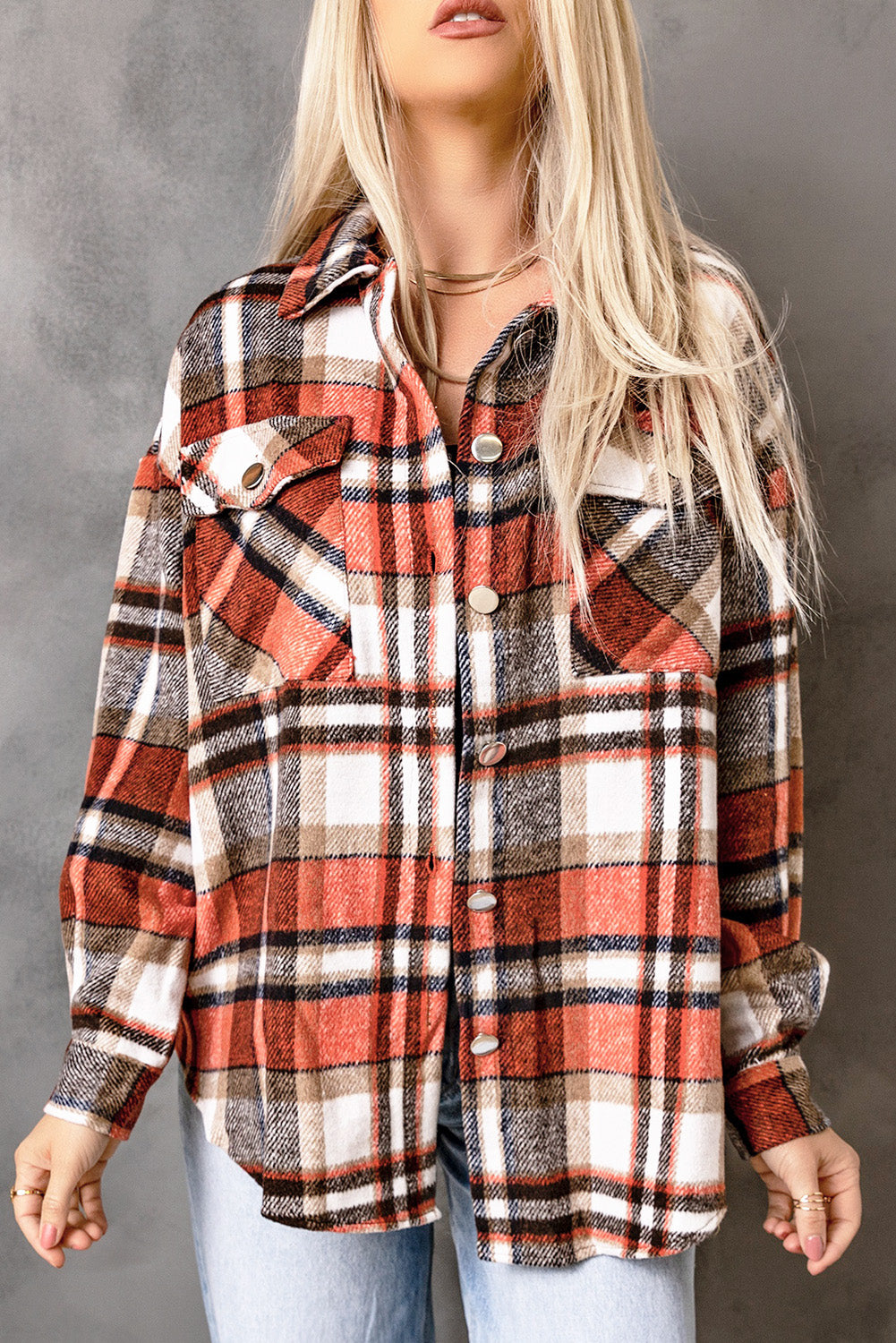 Orange Chest Pockets Flannel Plaid Shacket