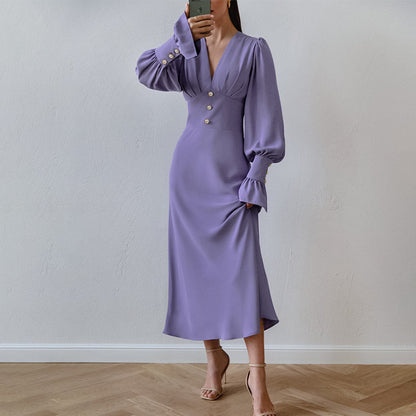 Robe française à col en v pour femmes, taille haute, Slim, tempérament