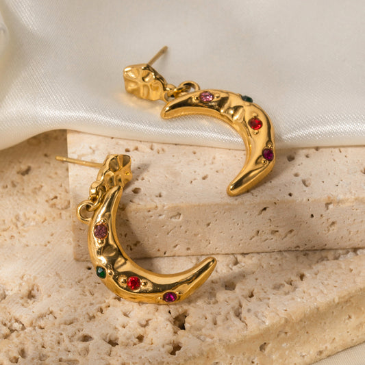 18K Gold Noble Atmosphere Crescent Moon Inlaid Color Zircon Design Pendant Earrings