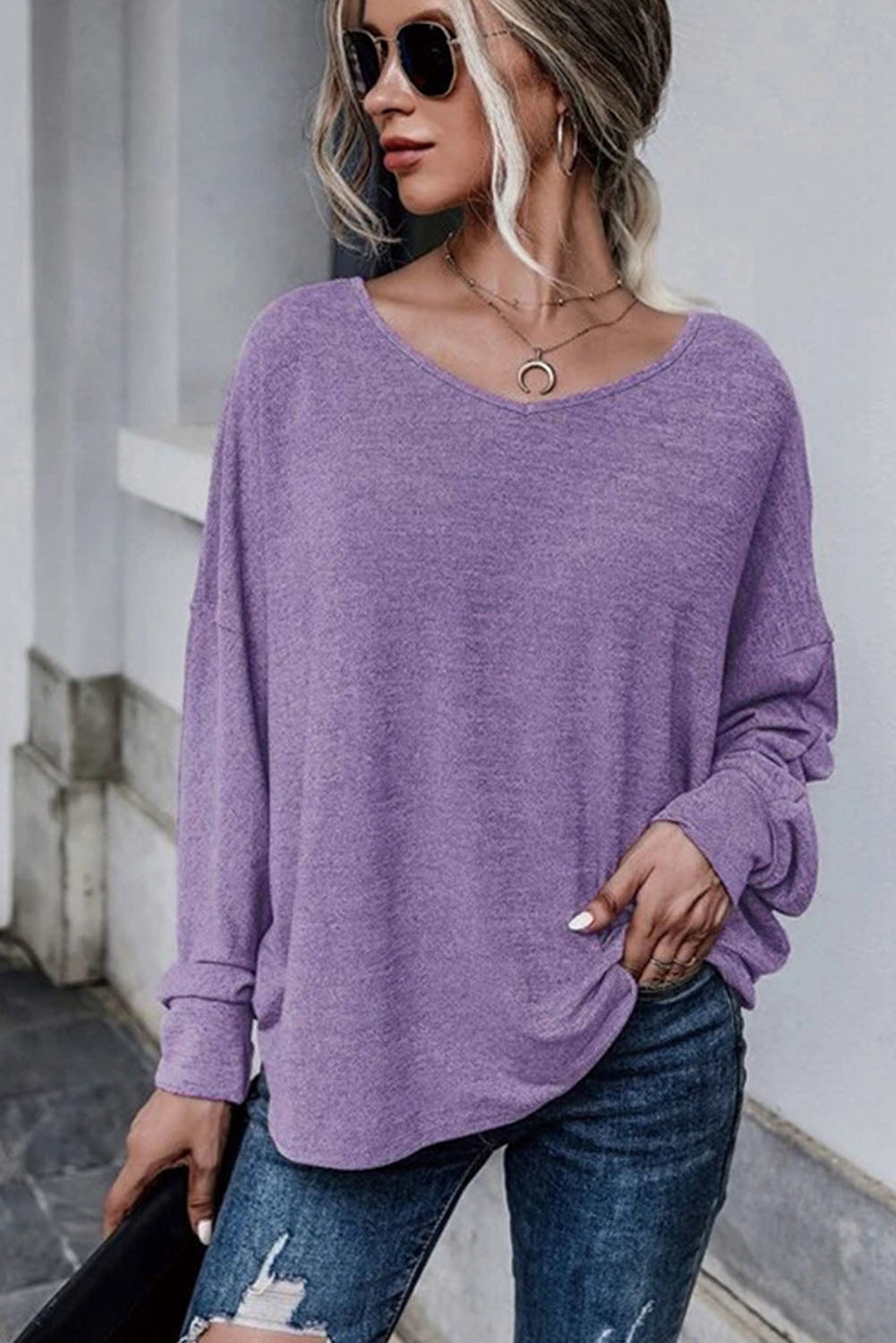 Purple Plain Tie Back Drop Shoulder Long Sleeve Top