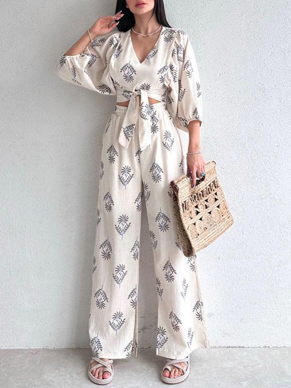 Women's Elegant V-neck Printed Puff Sleeve Top Trousers Two-piece Set