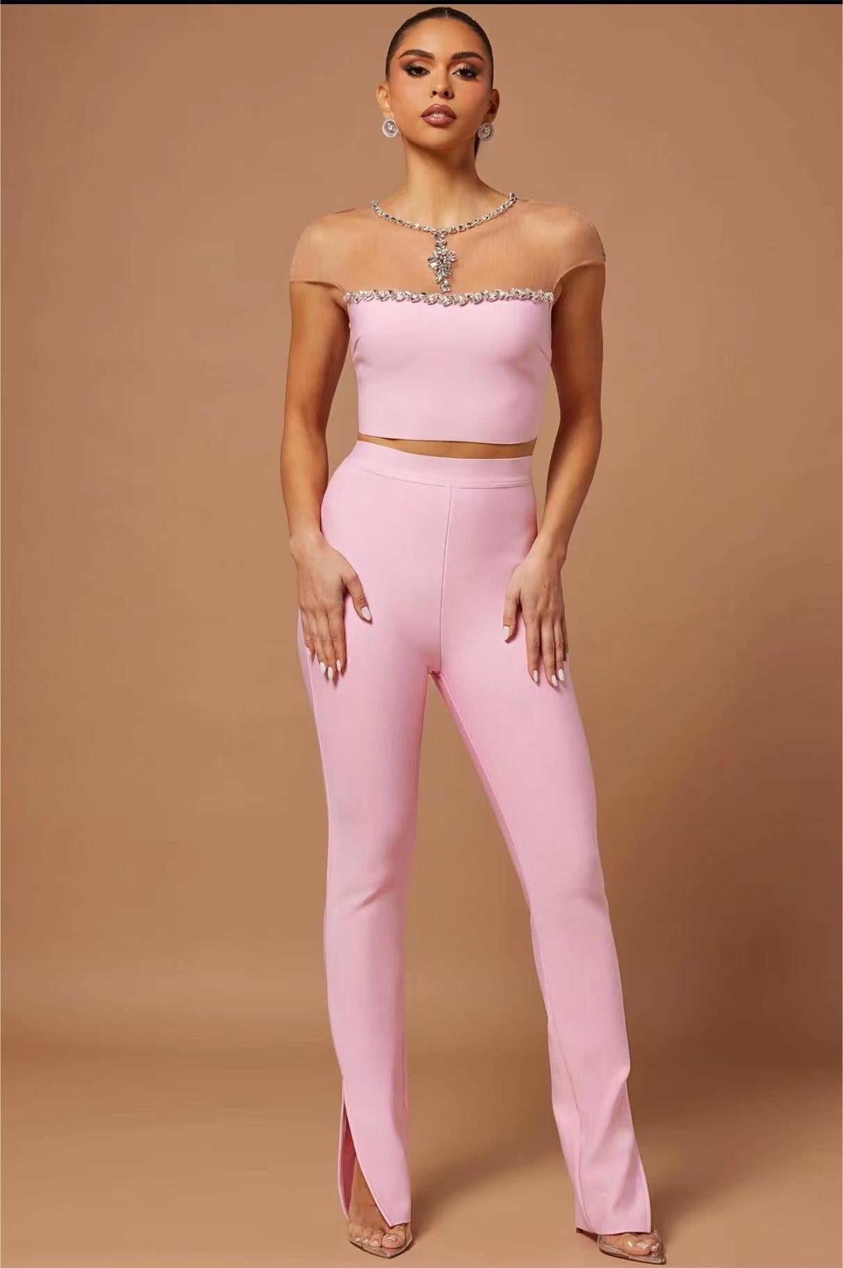 Rhinestone Top Skinny Pants Fashion Casual Sweet Midriff Outfit Bandage Suit