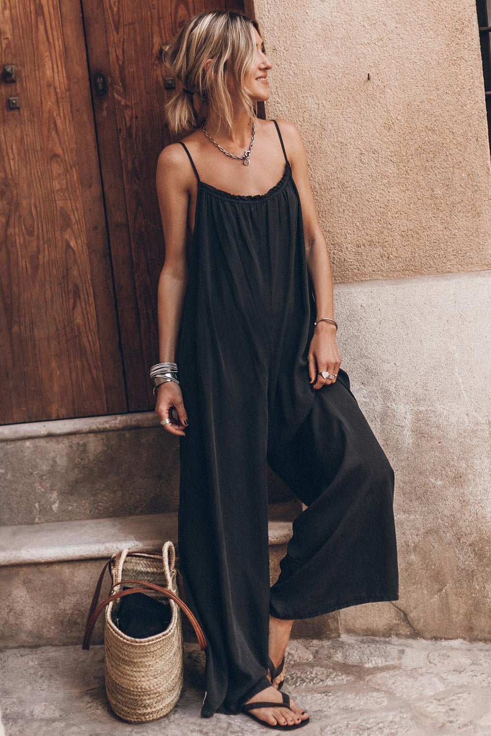 Black Frilled Neckline Spaghetti Strap Backless Wide Leg Jumpsuit