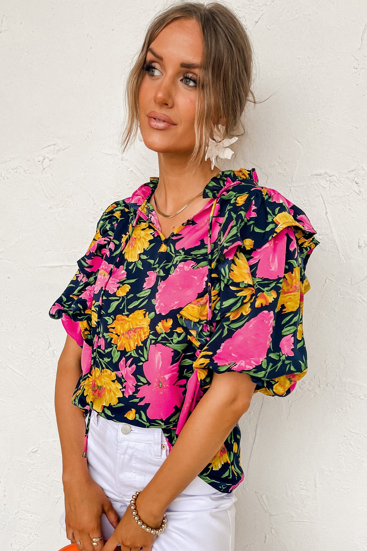 Rose Red Floral Bubble Sleeve V Neck Ruffled Blouse