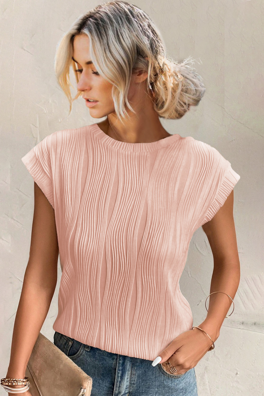 Apricot Wavy Textured Cap Sleeve Round Neck Blouse