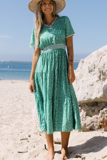 Robe midi évasée taille haute en dentelle à imprimé floral vert