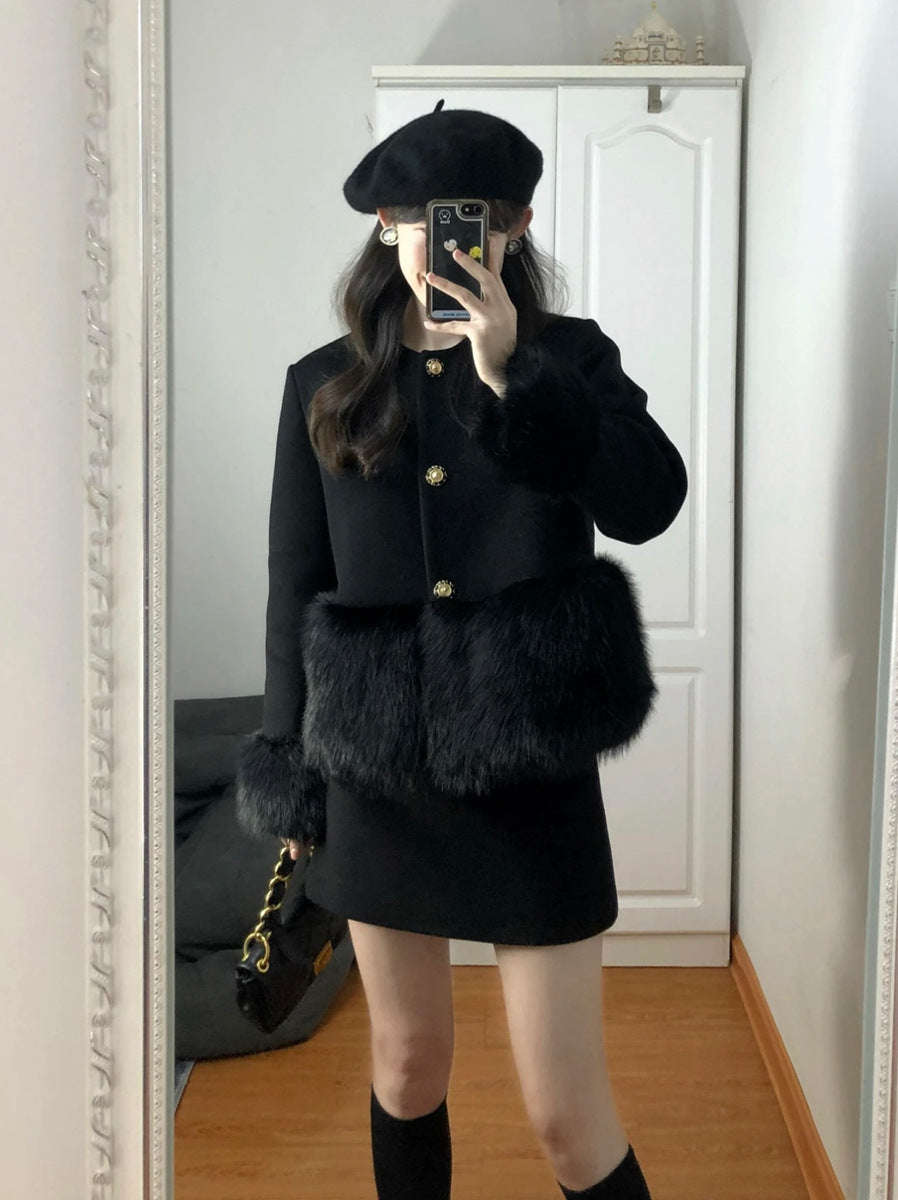 Black Heavy Industry Burr Patchwork Wool Short Coat Two-piece Overskirt Suit