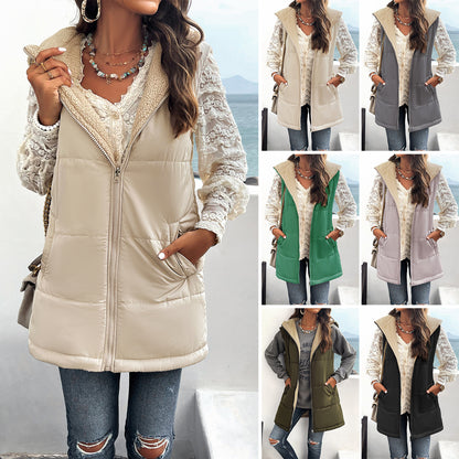 Gilet d'hiver pour femme, ample, mi-long, à capuche, en coton, avec poches, à la mode, chaud, fermeture éclair, manteau moelleux, vêtements d'extérieur