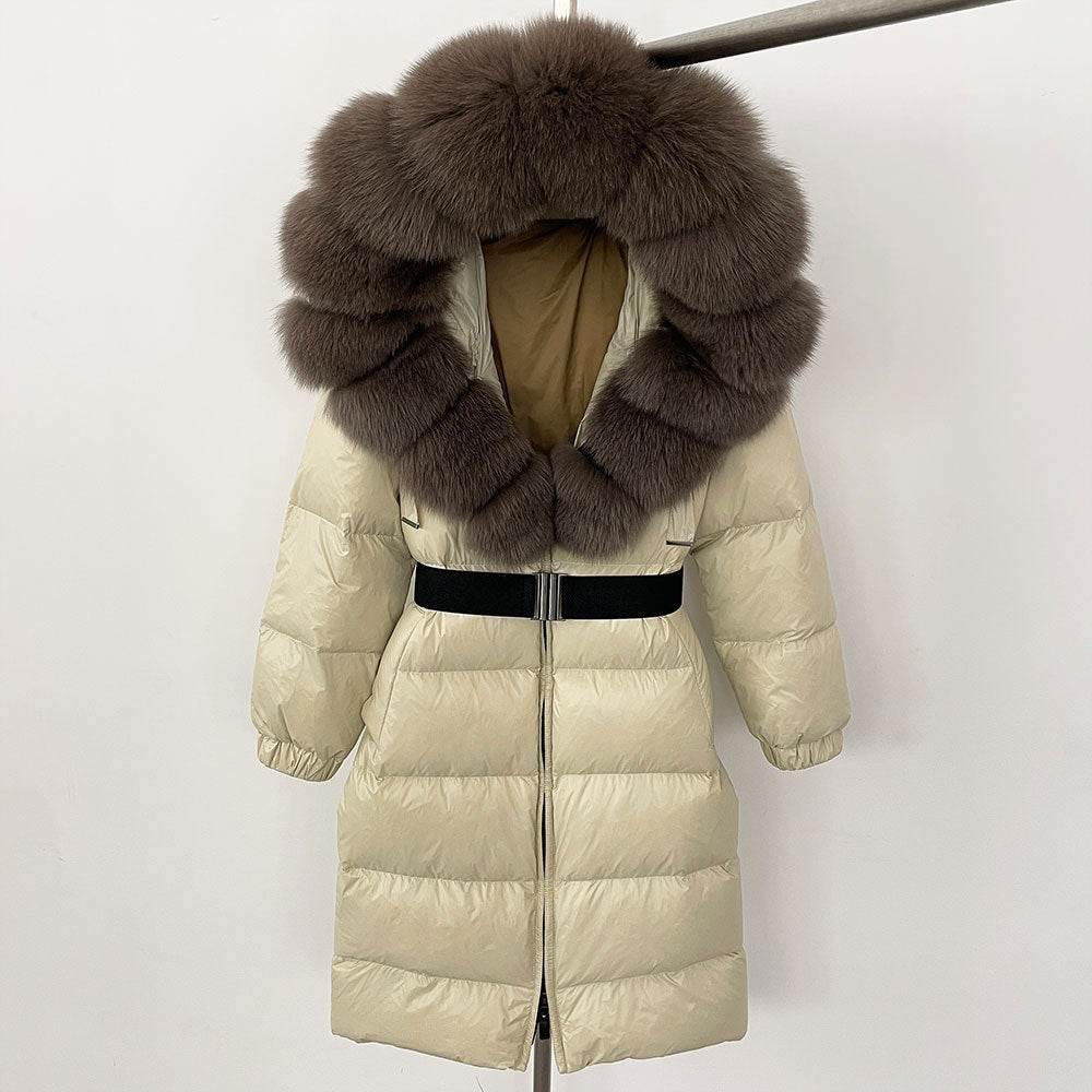 Manteau long à capuche et col en fourrure de renard véritable pour femme