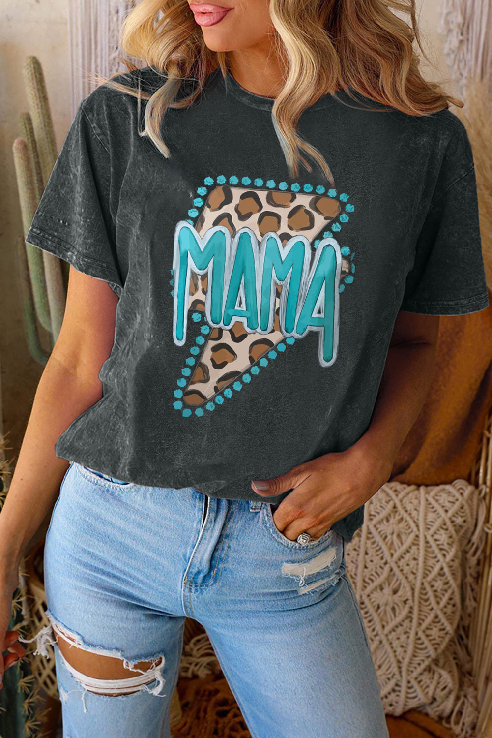 T-shirt noir à col ras du cou MAMA Leopard Lightning Graphic