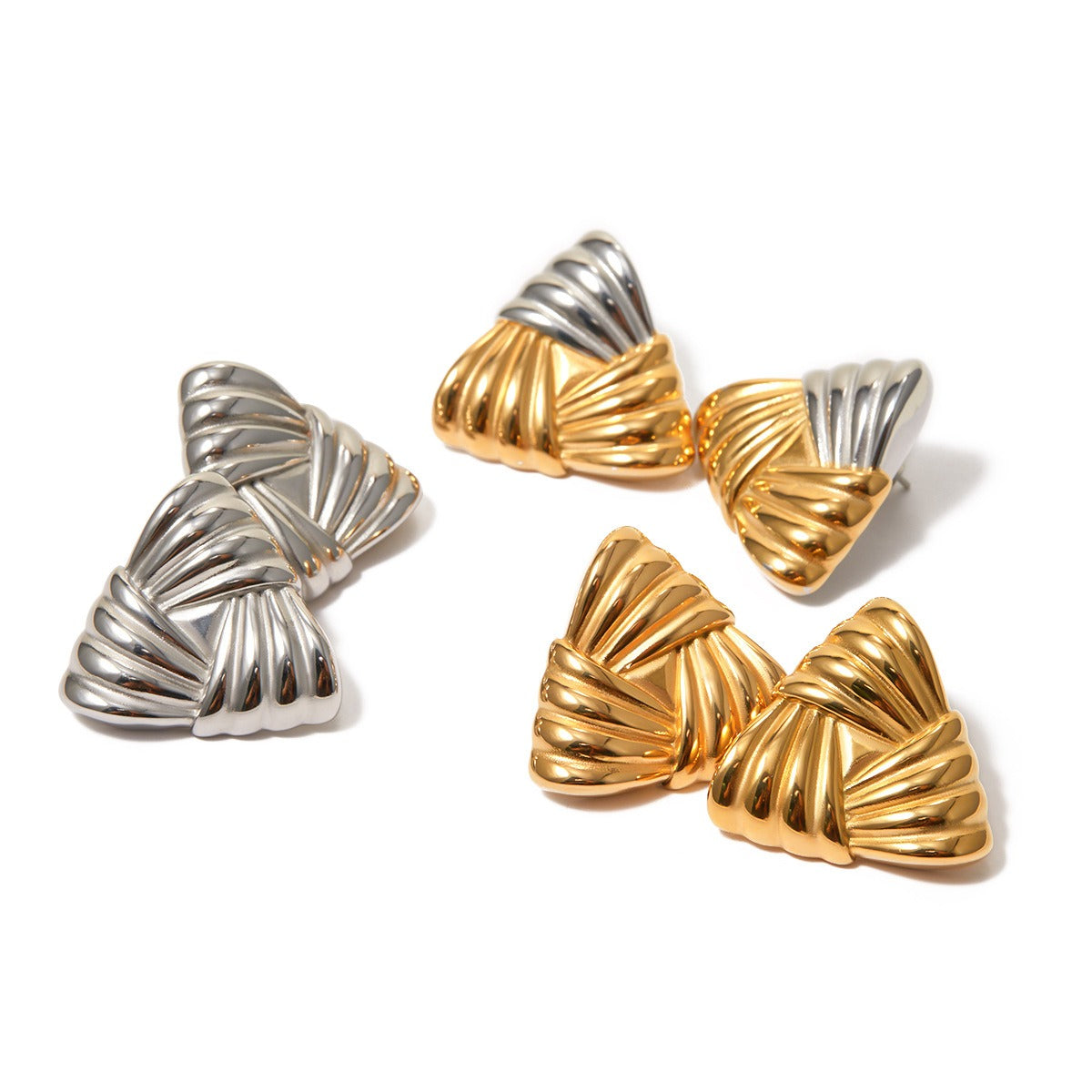 18k gold classic fashion triangle with braided texture design earrings