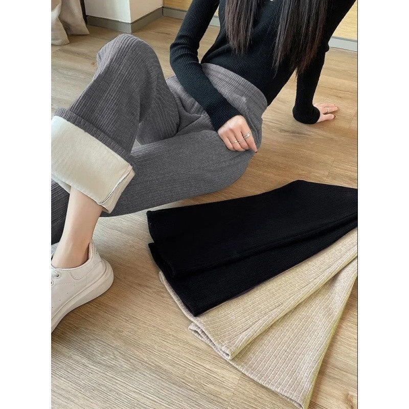 All-matching Straight Casual Fleece And Thick Slightly Flared Wide-leg Pants For Women