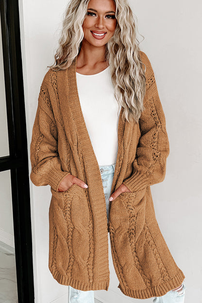 Khaki Ribbed Trim Hollow Knit Side Slits Cardigan