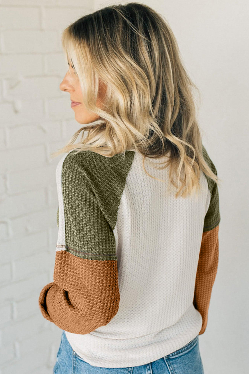 Green Waffle Knit Colorblock Patch Long Sleeve Top