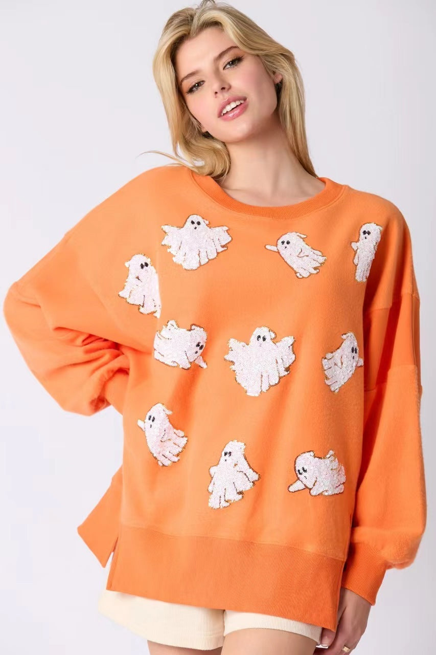 Sweat-shirt ample et décontracté à paillettes pour femme avec motif fantôme d'Halloween