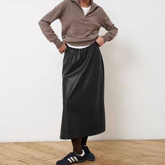 Autumn And Winter Leather Skirt Women's Elastic Waist A- Line