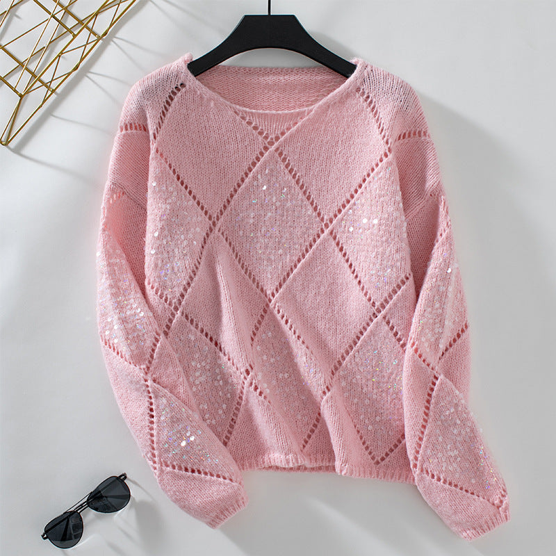 Pull ample en tricot à paillettes ajourées pour femme