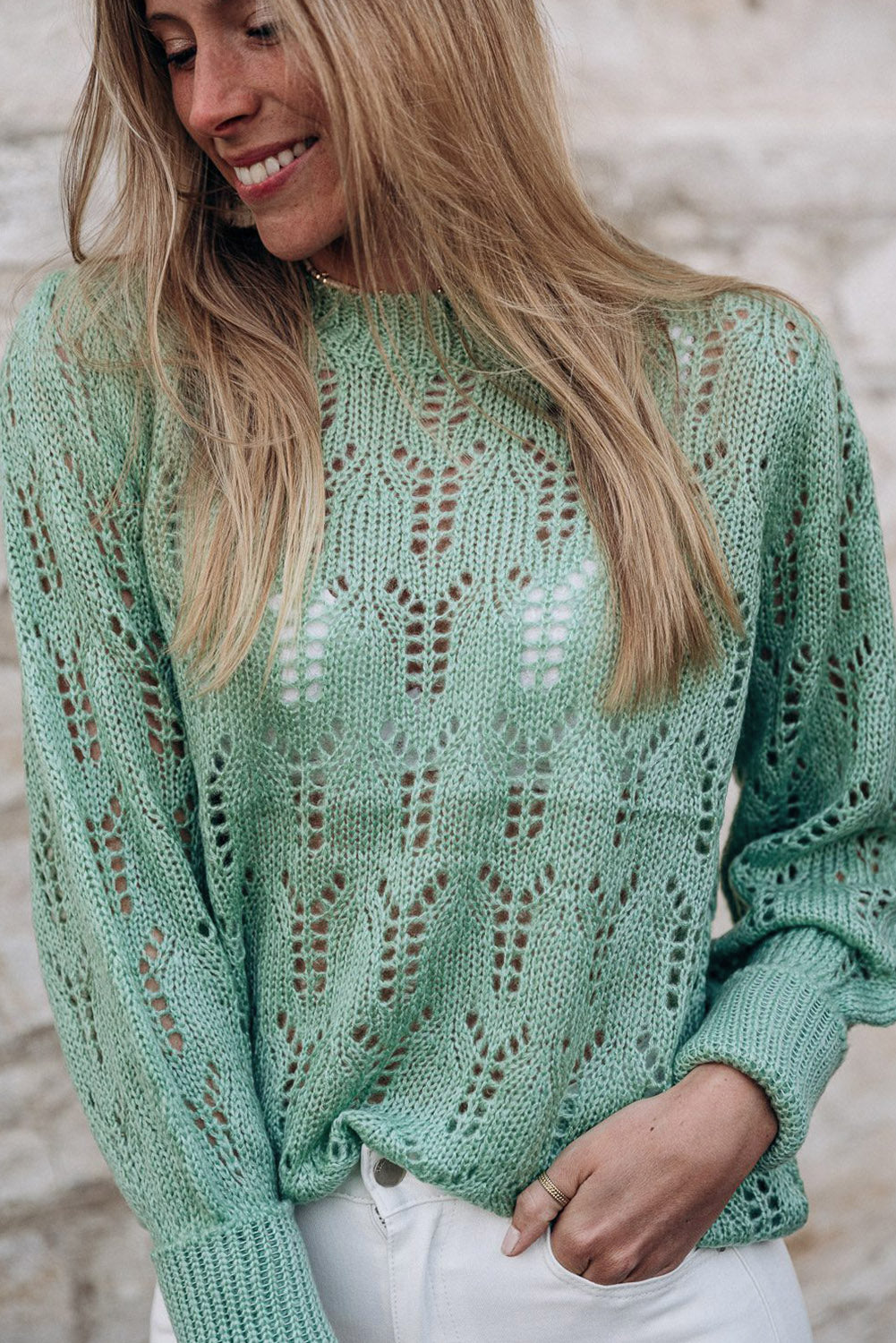 Pull en pointelle tricoté transparent vert