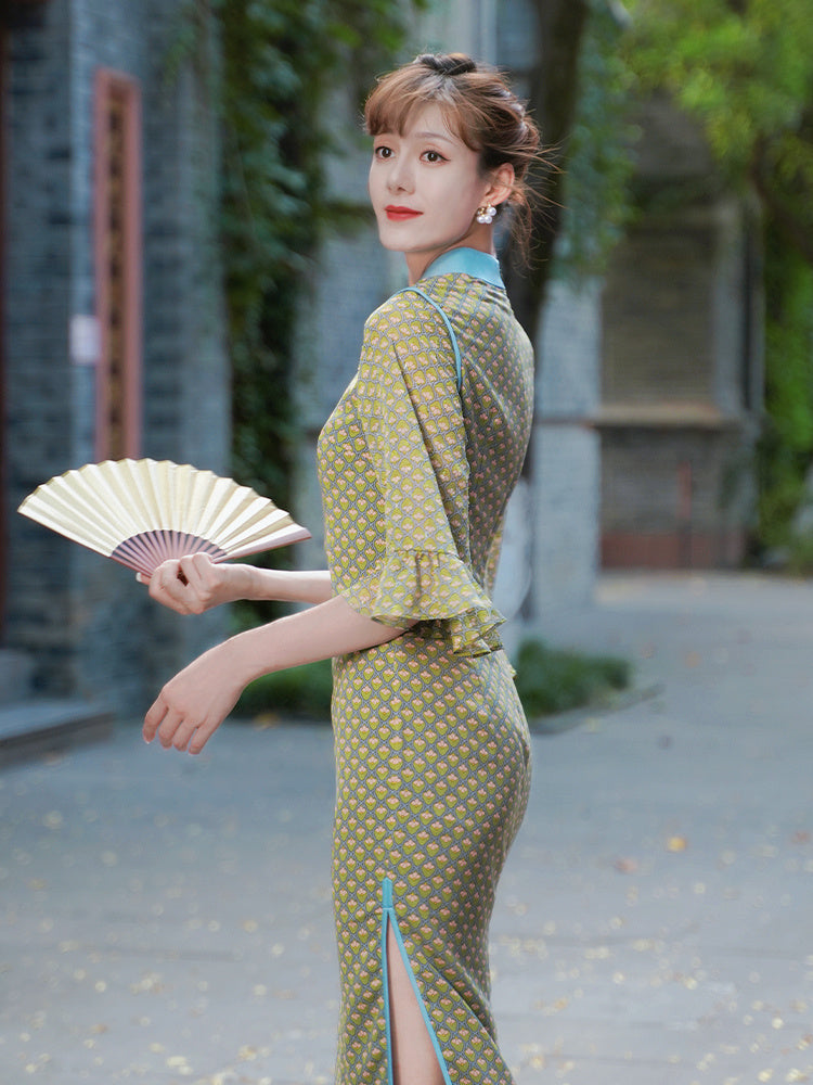 Robe améliorée pour femme Cheongsam verte