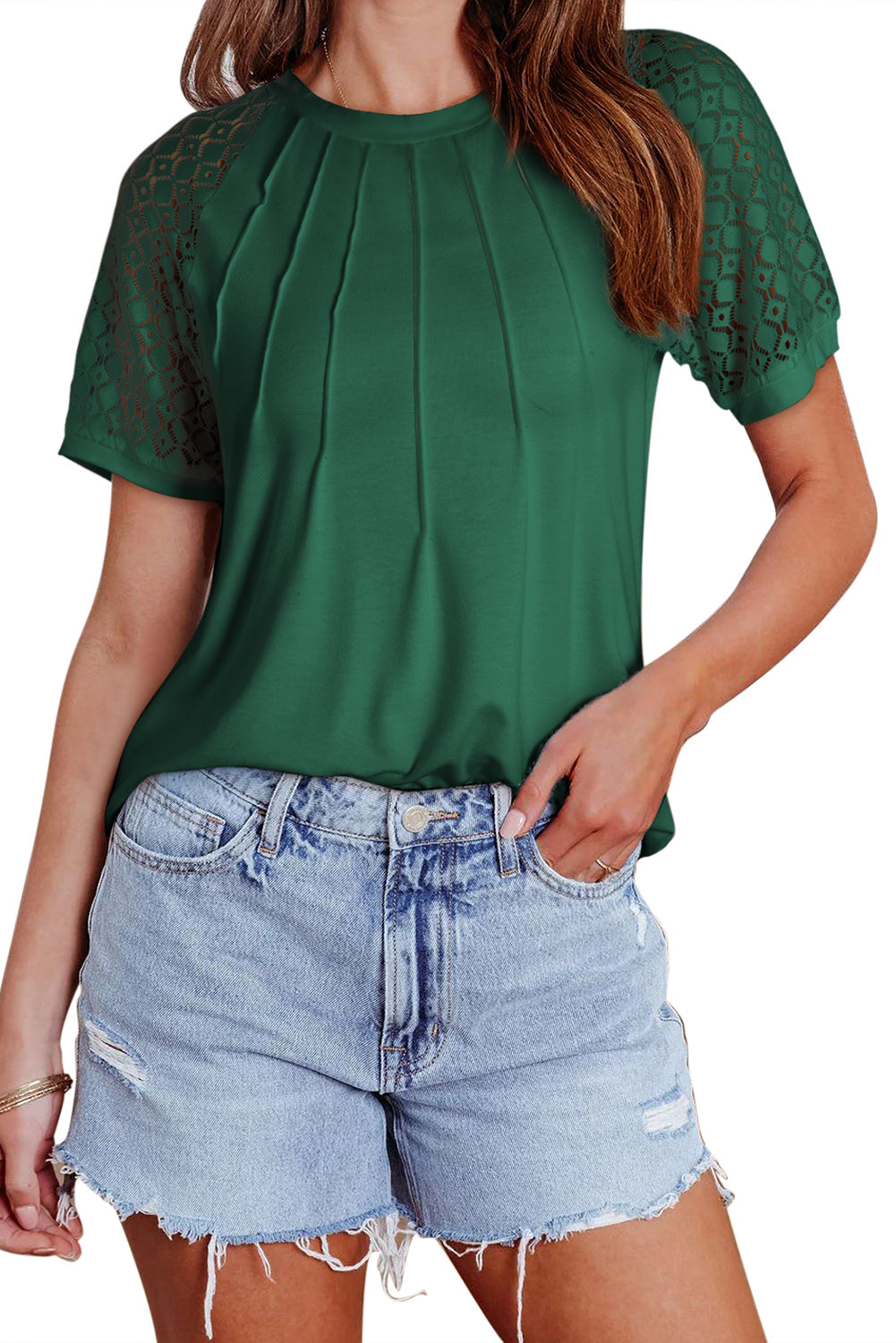 Blackish Green Seamed Detail Contrast Lace Raglan Sleeve Tee